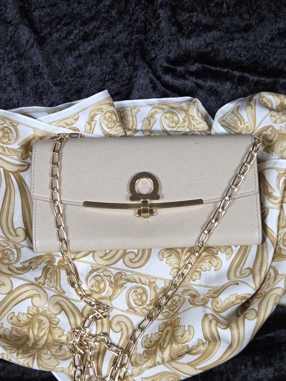 Salvatore Ferragamo Beige Leather Chain Clutch with Gold Hardware